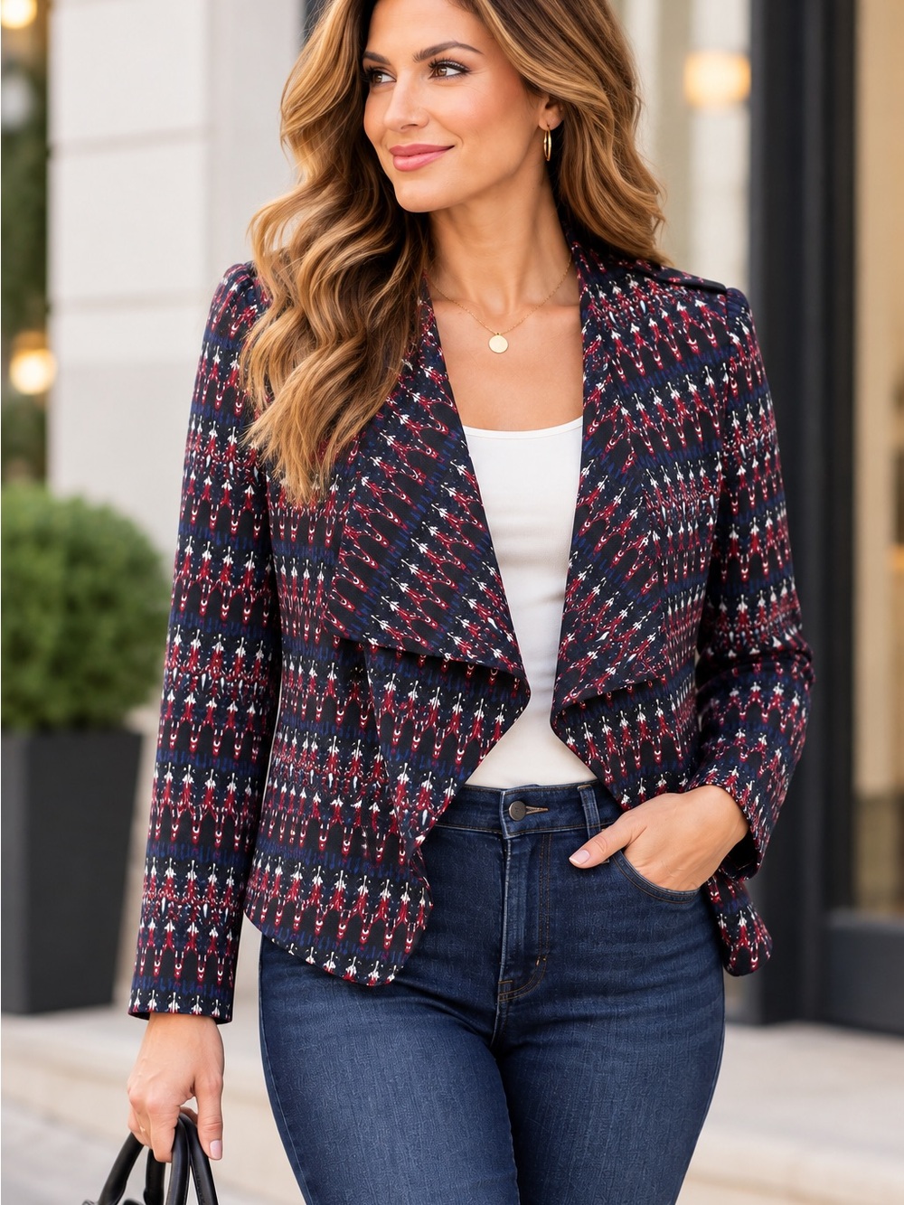 H&M Navy Abstract Print Draped Blazer